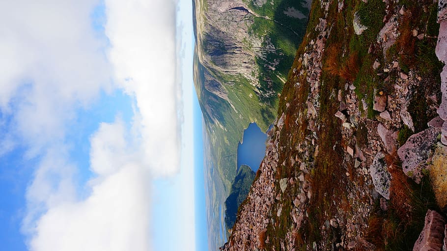 View from the top, aerial view photo of lake, mountain, coast HD wallpaper
