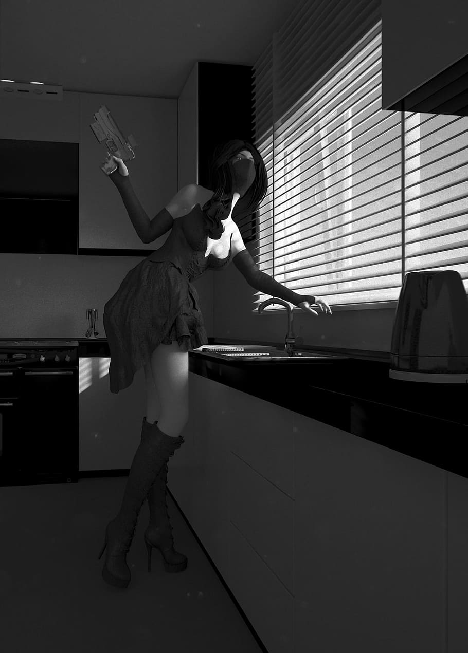 woman, 3d model, gun, kitchen, blinds, hacking, thief, robbery