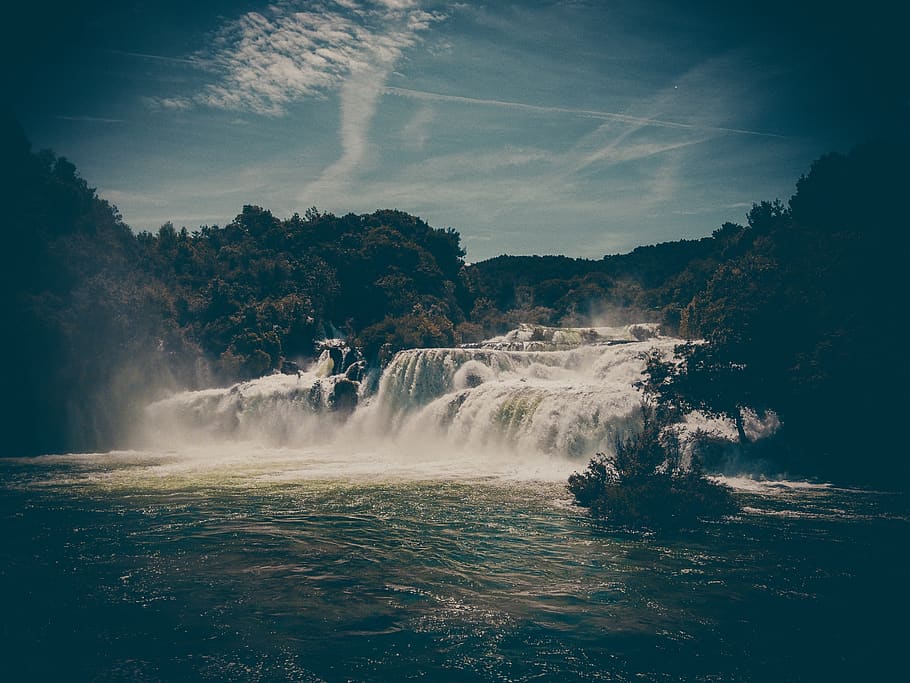 sky, clouds, dark, trees, plants, waterfalls, nature, landscape HD wallpaper