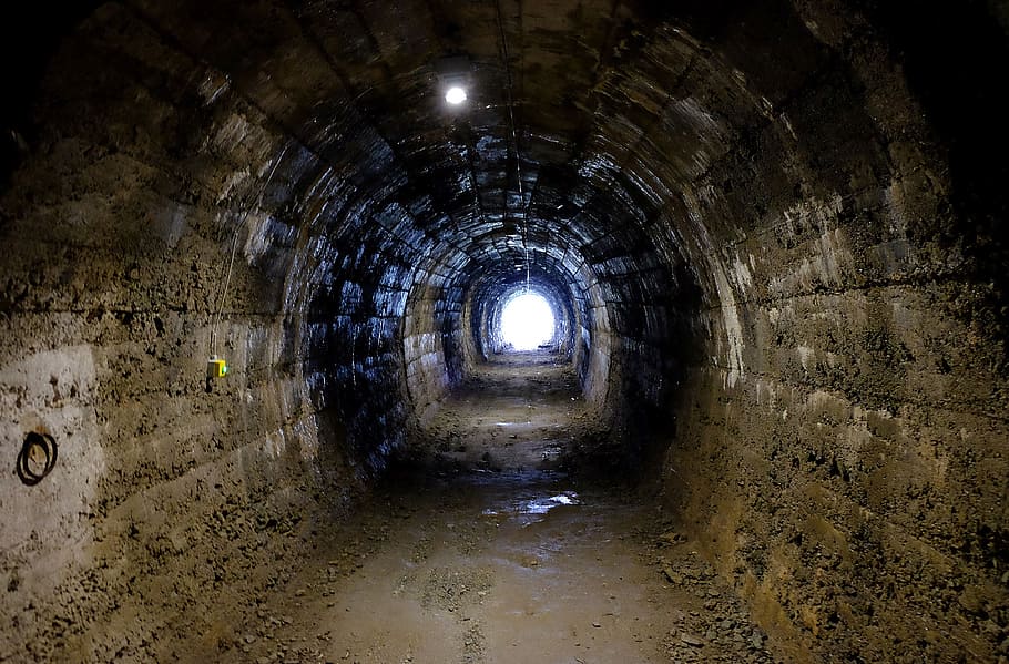 concrete tunnel with light bulbs, Bunker, Cave, Catacombs, Prison