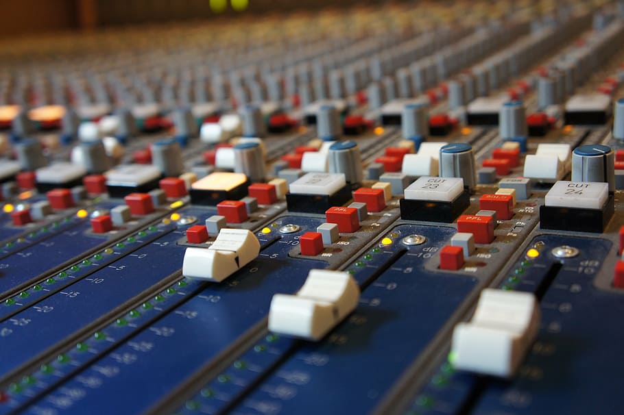 macroshot photo of blue music mixer, fader, analog, sound studo, HD wallpaper