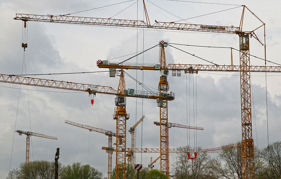 cranes, construction cranes, site, construction site, berlin HD wallpaper