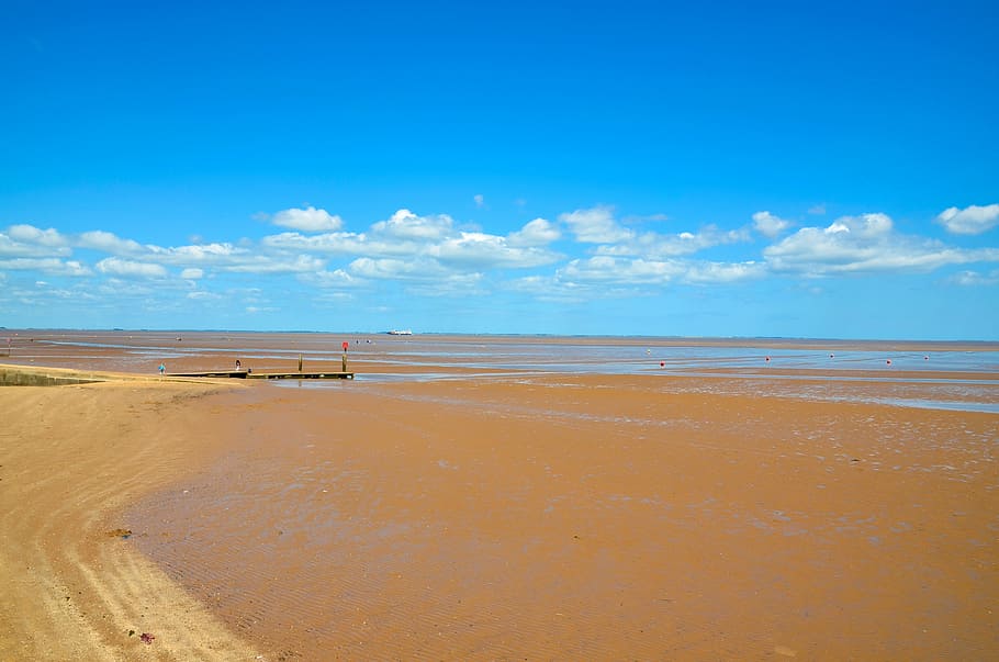 brown sand under blue sky, beach, sea, clouds, holidays, landscape HD wallpaper