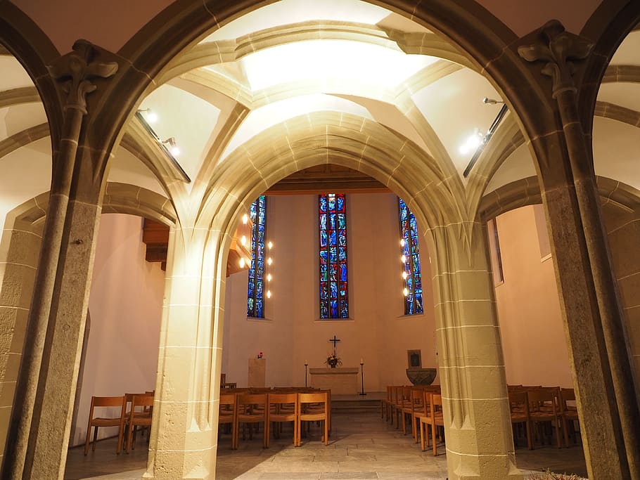 Church, Interior, Columnar, Arcade, altar, window, stadtkirche aarau HD wallpaper