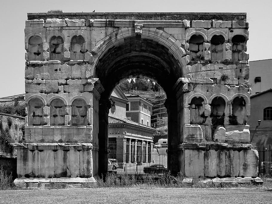grayscale photography of concrete archway, arc de triomphe HD wallpaper