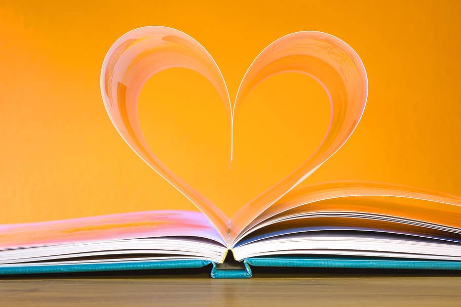 book page form heart in close-up photography, education, school, HD wallpaper