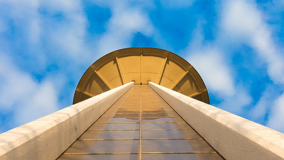 worm's eye view photography of tower under cloudy sky during daytime, low angle photography of white building HD wallpaper