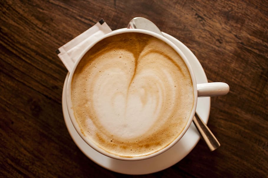 beige latte on white ceramic teacup and saucer, coffee, coffee cup HD wallpaper