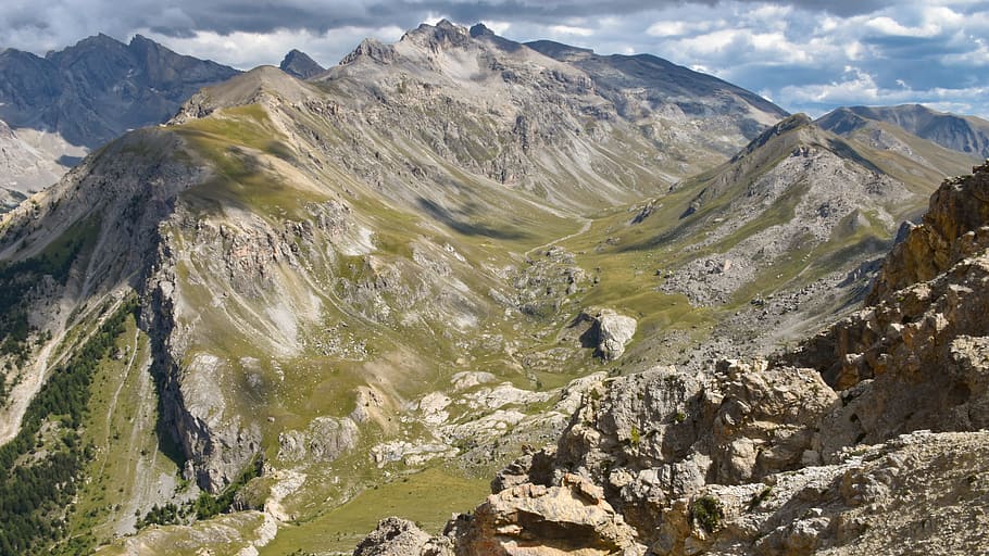 mountain, landscape, green, sky, cloudy, weather, grey, view HD wallpaper
