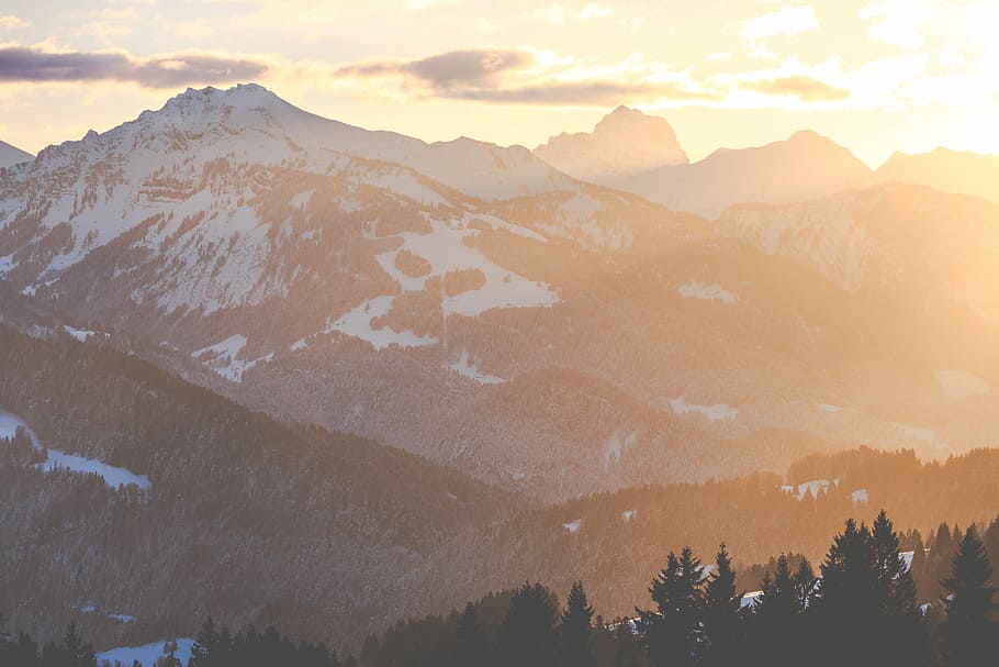 landscape photography of mountains and trees, snow capped mountain during golden hour HD wallpaper