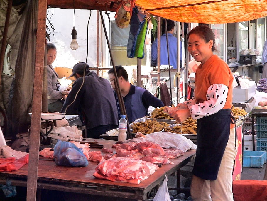 Market, Woman, Woman, China, Sale, Meat, market woman, dandong, HD wallpaper
