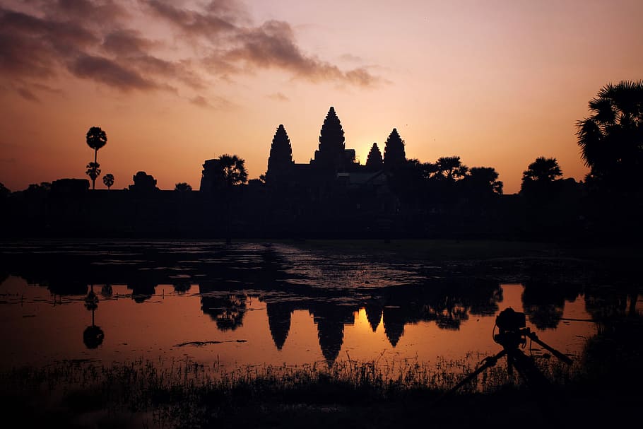 silhouette of temple at golden hour, cambodia, angkor wat, ancient, HD wallpaper