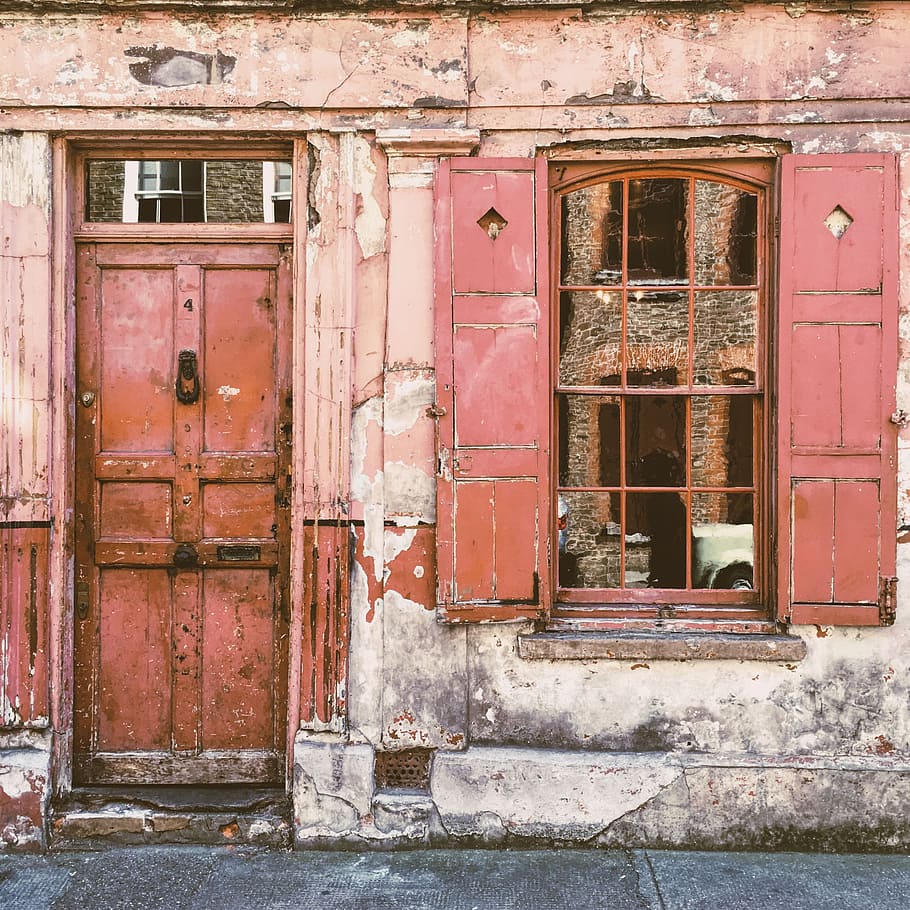 opened red wooden window, outside, door, wall, house, building HD wallpaper