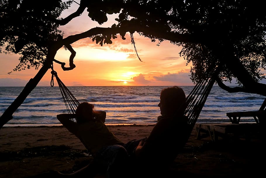 two people on hammock tied on tree, Relax, Beach, Evening, sunset HD wallpaper