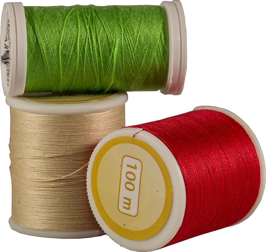 three green, red, and brown sewing threads, thread spools, roll, HD wallpaper