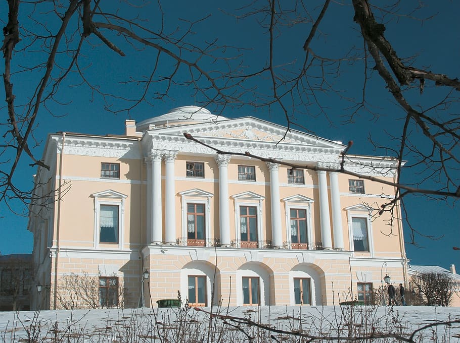 snow, trees, sunny, spring, sky, park, palace, building exterior HD wallpaper
