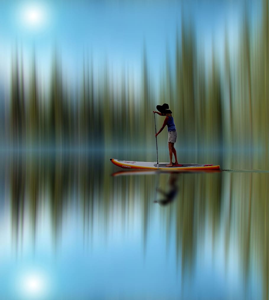 Blurred, Water, Reflections, Paddle, boat, trees, sun, sky HD wallpaper