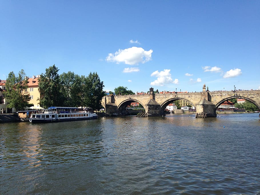 vltava, prague, steamer, river, charles bridge, water, connection HD wallpaper