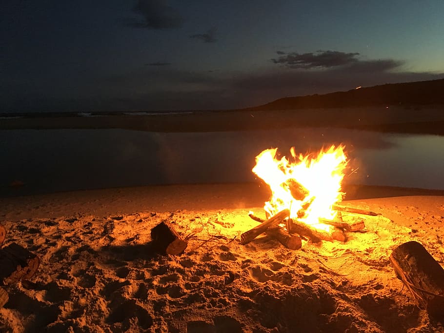 bonfire beside seashore, beach, coast, summer, flame, sand, wood, HD wallpaper