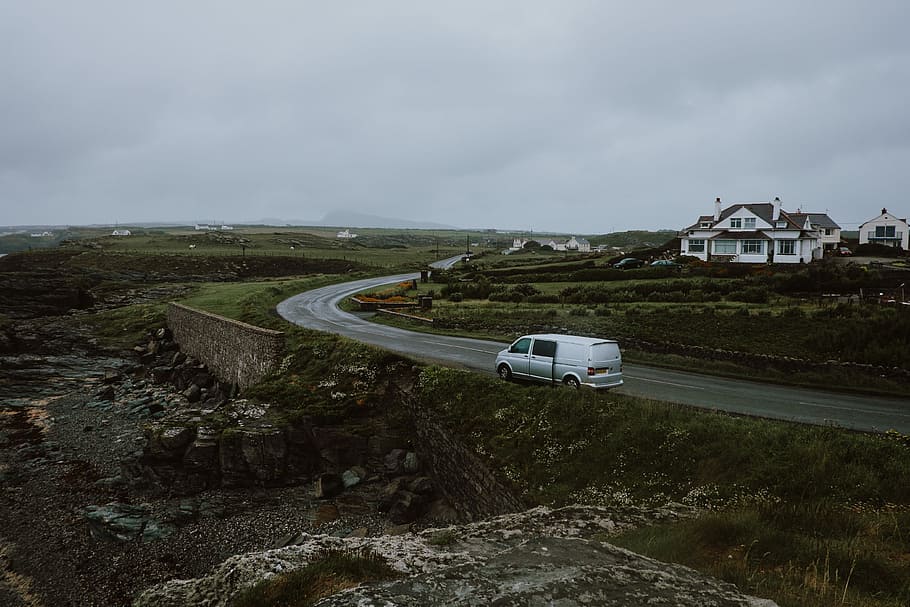 white panel van moving on grey curved road, van on rad, vehicle HD wallpaper