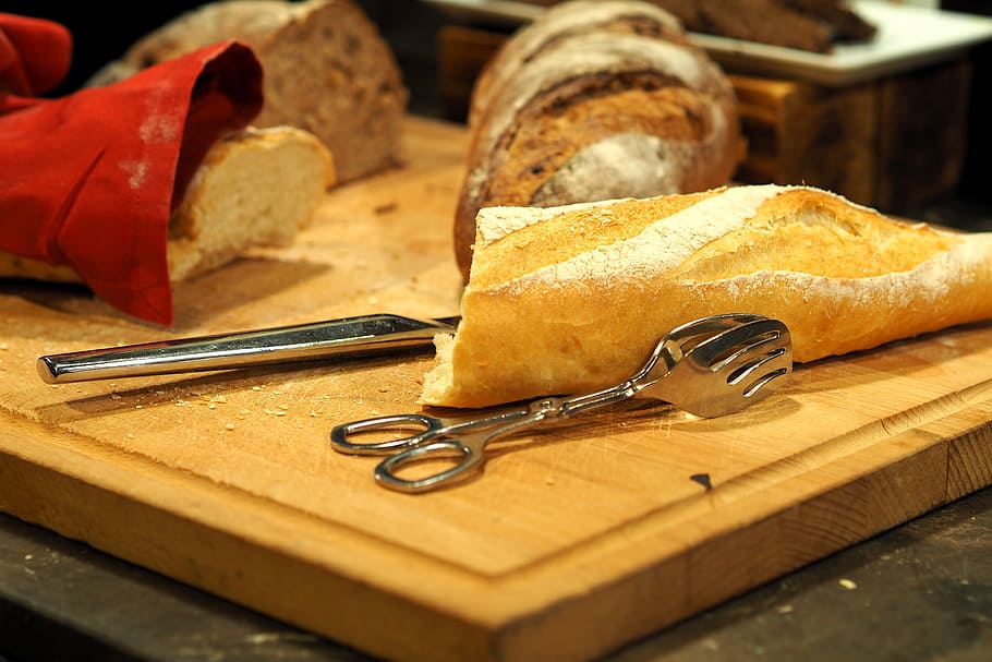 bread, cut, that cut, chopping board, self service, foodstuff, HD wallpaper