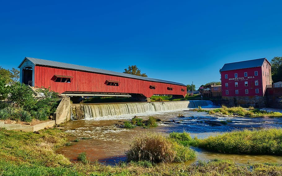 Hd Wallpaper Waterfalls Beside Red Wooden Building Covered Bridge