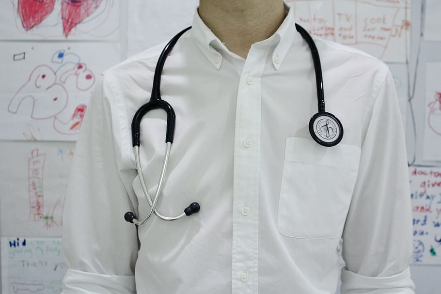 man in white dress shirt and stethoscope on neck, doctor, medical