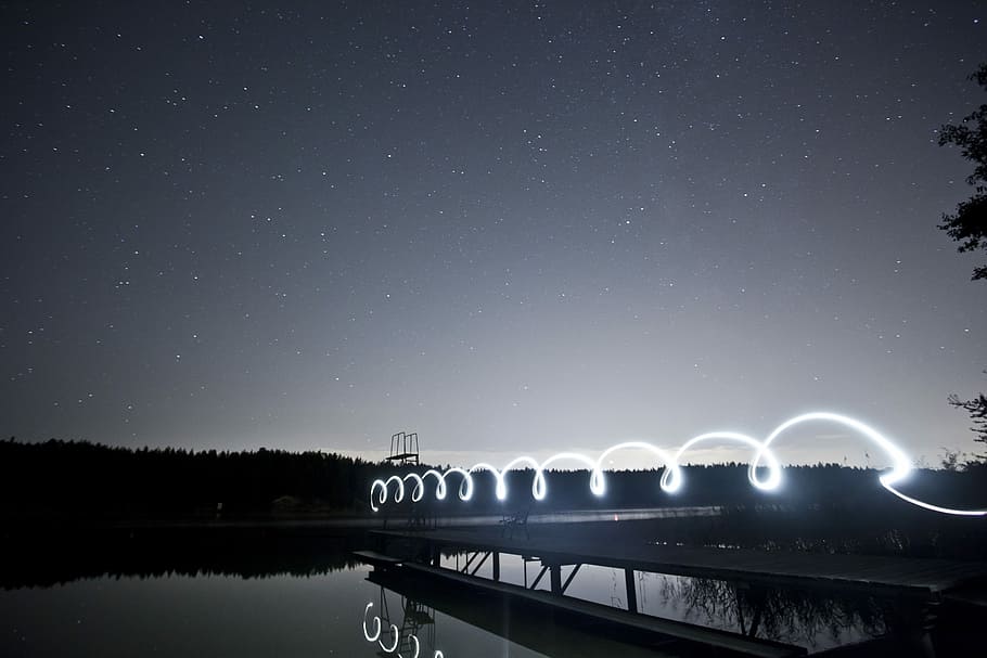 photo of bridge near body of water, time lapse photo of swirl light at night time HD wallpaper