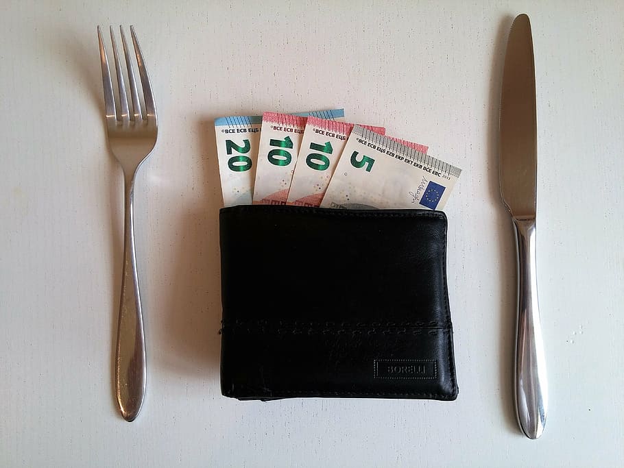4 banknotes and two silver fork and bread butter knife, money, HD wallpaper