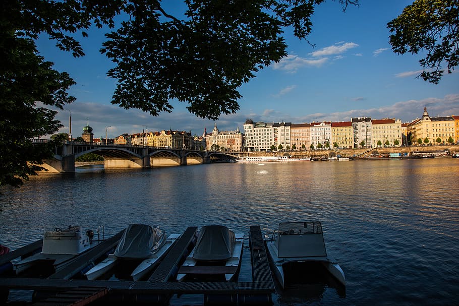 prague, ship, river, city, flowing, water, náplavka, night HD wallpaper
