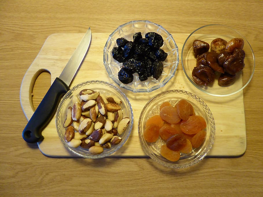 fruits served in glass saucers, dried fruit, nuts, brazil nuts, HD wallpaper