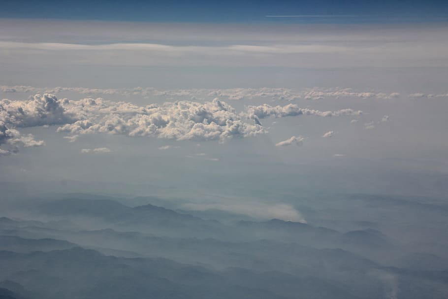 clouds, mountains, sky, white, overview, nature, airplane, blue HD wallpaper