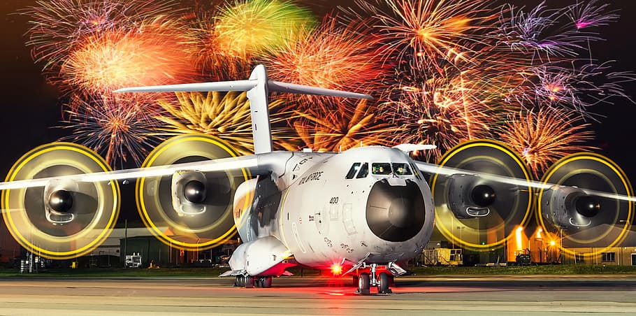 night, fireworks, plane, a400m, airshow, airbus, sparkle, explosion HD wallpaper