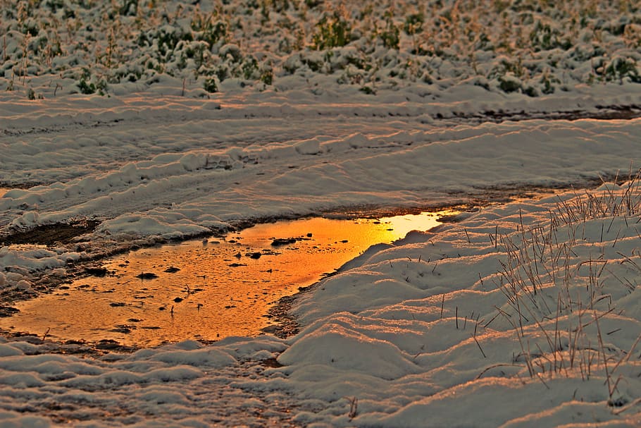 winter, snow, afterglow, wintry, ice, puddle, frozen, sunlight HD wallpaper