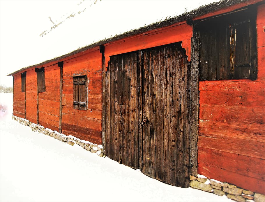 Falun, Red, Barn, Barn Door, falurödfärg, falun red, farm, HD wallpaper
