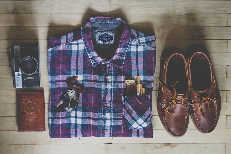 purple, white, and black button-up collard tops, pair of brown leather boat shoes, assorted keys and brown leather wallet, HD wallpaper