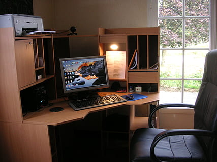 gray flat screen monitor turned on, work space, home office HD wallpaper