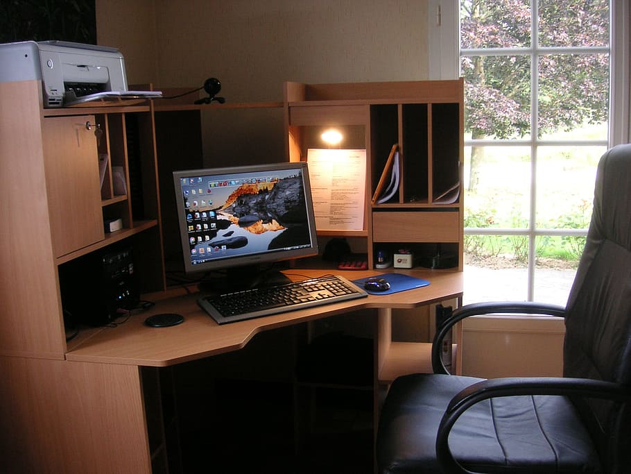 gray flat screen monitor turned on, work space, home office HD wallpaper