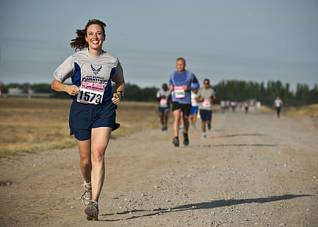 woman in grey shirt running on marathon, runner, race, competition HD wallpaper