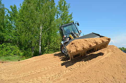 black front-end loader digging soil, excavator, equipment, construction HD wallpaper
