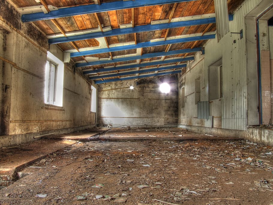 inside view of abandoned building, hdr, garage, old, hall, workshop
