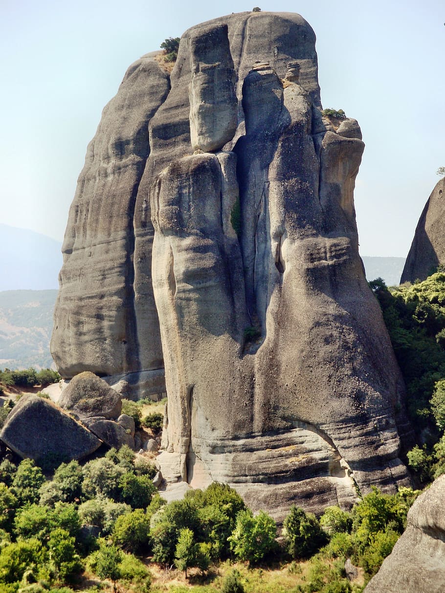 meteora, rock, greece, plant, art and craft, travel destinations HD wallpaper