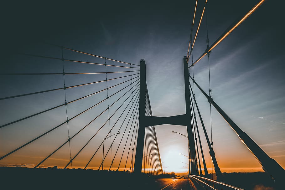 Sun of a Gun, silhouette of bridge, sunrise, cables, orange, dawn HD wallpaper