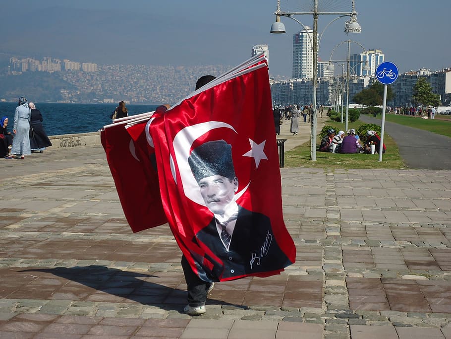 Turkey, Izmir, Flag, red, outdoors, day, people, military, riot HD wallpaper