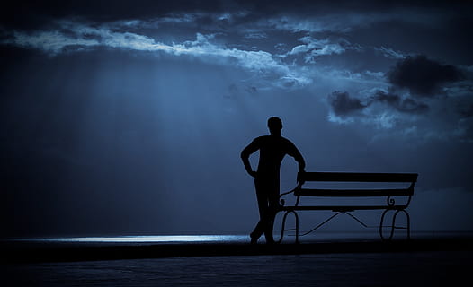silhouette of man besides bench under cloudy sky, relaxing HD wallpaper