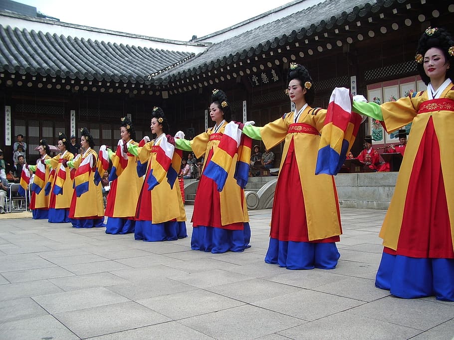 group of women dancing, korea, dance, temple, tradition, culture, HD wallpaper
