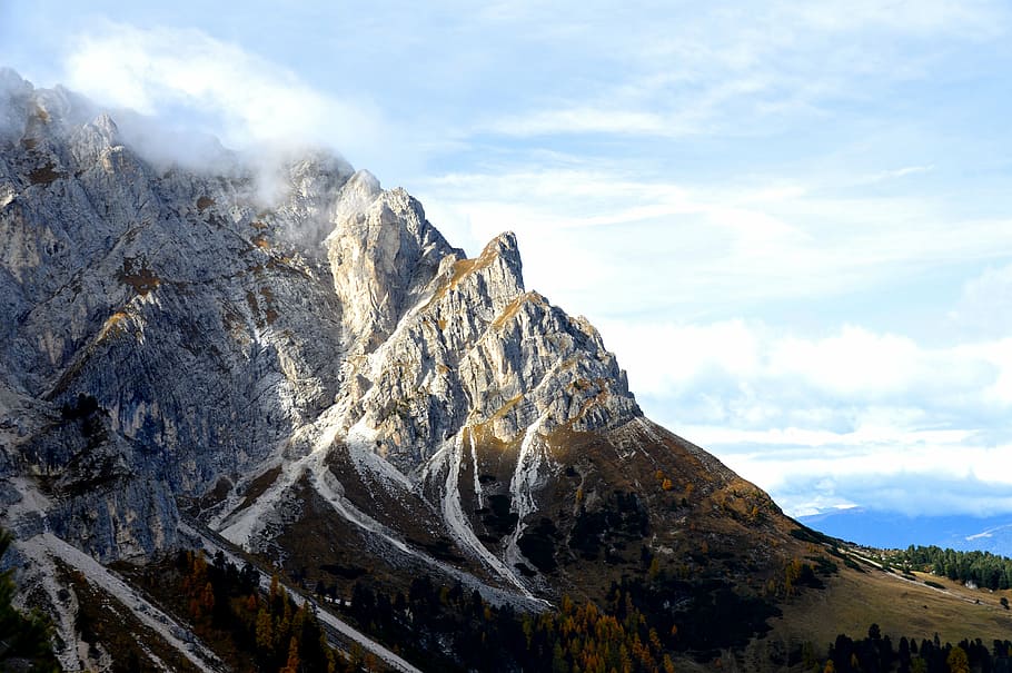 in distant photo of mountain, alpine, mountains, dolomites, peitlerkofel