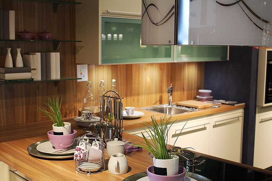 two green leaf plants in white pots on brown wooden kitchen table HD wallpaper