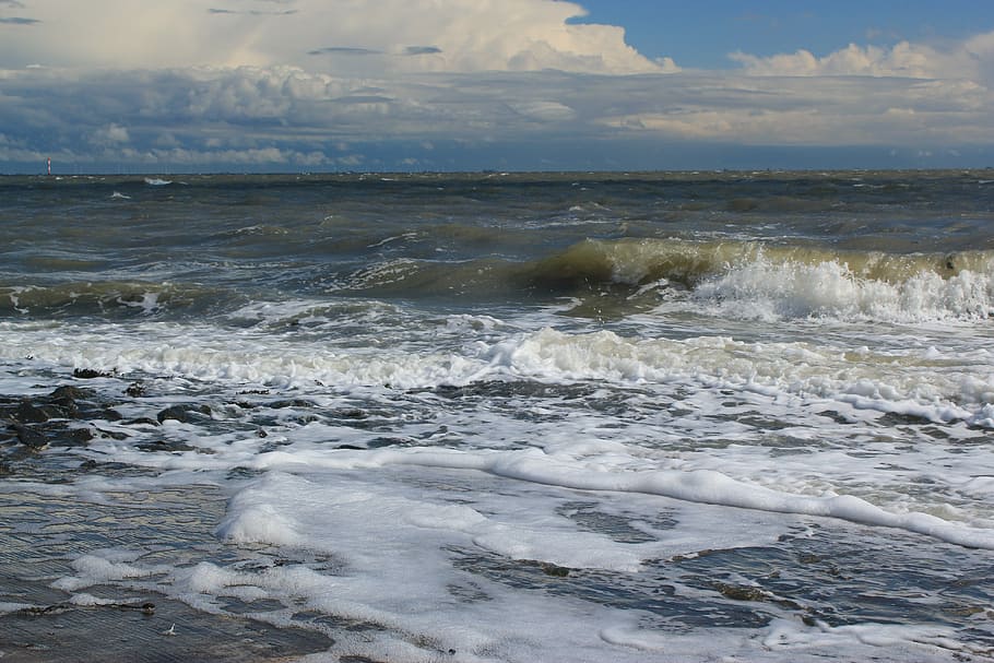 water, nature, sea, wave, north sea, spray, foam, surf, flood, HD wallpaper