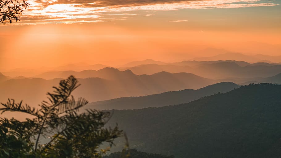scenery of sunrise, landscaped photo of a mountain, sunset, mountain range HD wallpaper